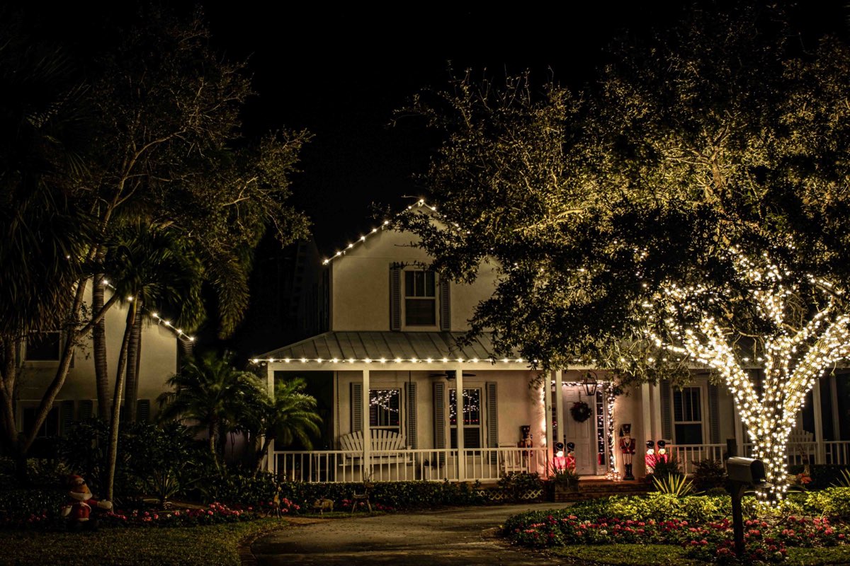 Christmas roofline lighting with a wrapped oak tree in the front yard